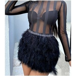 Sheer Mesh Feather Detail Bodycon tiny mini Dress